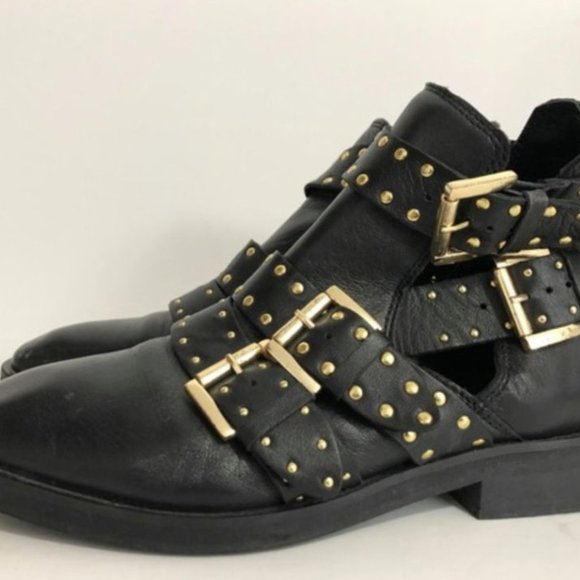 TOPSHOP Ark Booties Black Leather Studs Buckles 7 - Picture 2 of 6